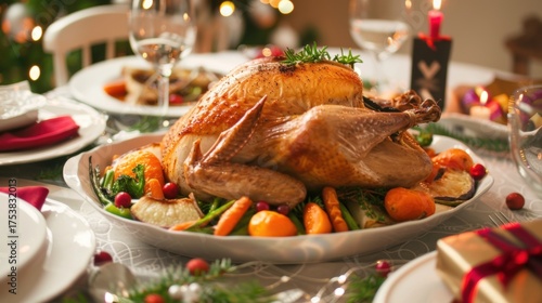 Christmas Dinner Turkey: The Iconic Centerpiece of Festive Holiday Meals – Showcasing Juicy, Herb-Roasted Perfection, Garnished with Cranberries, Rosemary, and Gravy, Ideal for Family Gatherings, Holi
