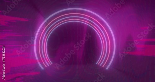 Gradient wall rippling, neon semicircles fading, glitch bars flashing, forming futuristic tunnel