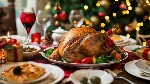 Christmas Dinner Turkey: The Iconic Centerpiece of Festive Holiday Meals – Showcasing Juicy, Herb-Roasted Perfection, Garnished with Cranberries, Rosemary, and Gravy, Ideal for Family Gatherings, Holi
