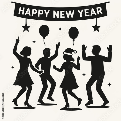 New Year Dance Party Silhouettes with Banner