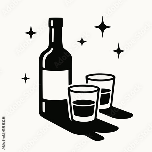 Bottle and shot glasses with sparkling stars