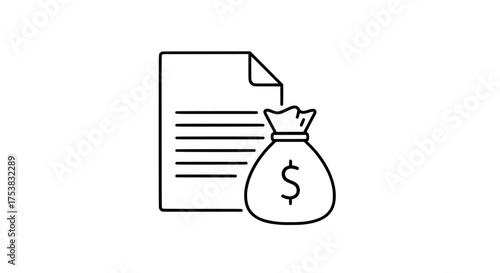 Outline vector icon of loan agreement with document and money bag.