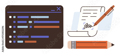 Brown code editor interface next to a digital document with a pen, pencil, and handwritten mark. Ideal for coding, digital collaboration, software development, writing, education, creativity simple