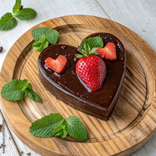 heart shaped chocolate cake with strawberries