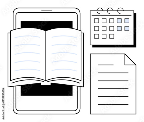 Open book on tablet screen alongside a calendar and note page. Ideal for education, planning, online learning, organization, reading, productivity, and scheduling. Simple flat metaphor