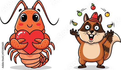 Cartoon lobster holding heart, raccoon juggling fruits, cute animal characters, love and fun theme, white background, whimsical illustration