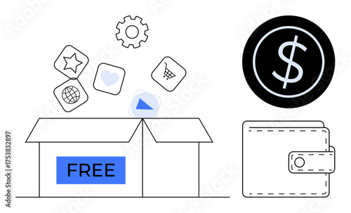 Open box with free label releasing app icons, gear, and shapes next to wallet and dollar coin. Ideal for promotion, cost-saving, budgeting, value, ecommerce, gratis tools simple flat metaphor