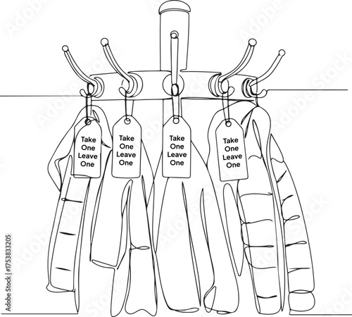 Continuous line drawing of coats hanging on a coat rack with Take One Leave One tags, illustrating concepts of sharing, community, and generosity in a minimalist style