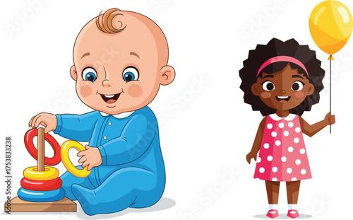 Cute baby boy playing with colorful stacking rings and happy girl holding yellow balloon, childhood fun, learning, and playtime concept illustration