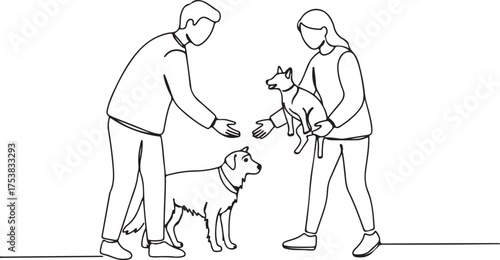 Minimalist line art of a man and woman introducing two dogs, representing pet adoption, family, and human-animal bond