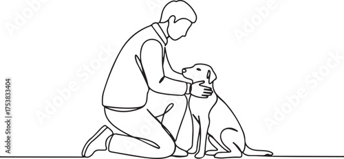 Continuous line art drawing of a man kneeling and petting a dog, a pet owner showing affection to his loyal canine companion, friendship, love, and animal care in a minimalist illustration style