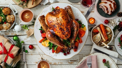 Christmas Dinner Turkey: The Iconic Centerpiece of Festive Holiday Meals – Showcasing Juicy, Herb-Roasted Perfection, Garnished with Cranberries, Rosemary, and Gravy, Ideal for Family Gatherings, Holi
