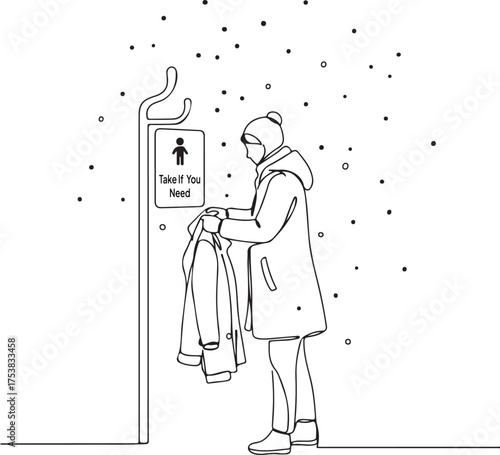 Continuous line art of a person taking a warm winter coat from a public sharing stand or donation rack during snowfall, symbolizing charity, kindness, and community support for the needy.
