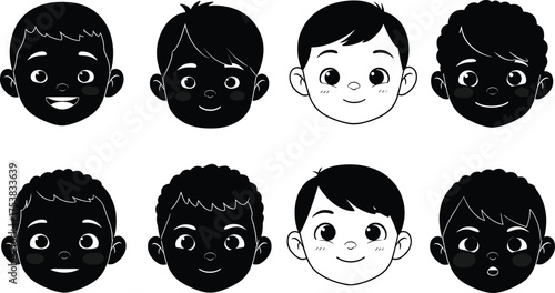 Cute cartoon boy face vector set, smiling kids avatar collection, children character illustration, black silhouette head icons, playful design