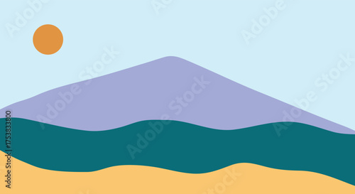 A minimalist landscape collection featuring abstract mountain and sunset scenes in flat color style. The artwork uses geometric shapes, simple compositions, and vibrant color palettes to create modern