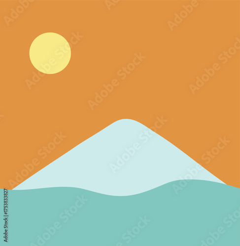 A minimalist landscape collection featuring abstract mountain and sunset scenes in flat color style. The artwork uses geometric shapes, simple compositions, and vibrant color palettes to create modern
