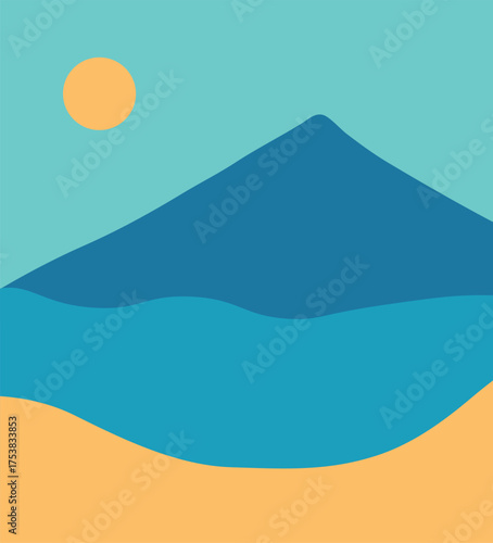 A minimalist landscape collection featuring abstract mountain and sunset scenes in flat color style. The artwork uses geometric shapes, simple compositions, and vibrant color palettes to create modern