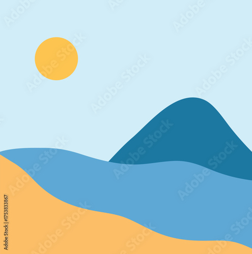 A minimalist landscape collection featuring abstract mountain and sunset scenes in flat color style. The artwork uses geometric shapes, simple compositions, and vibrant color palettes to create modern