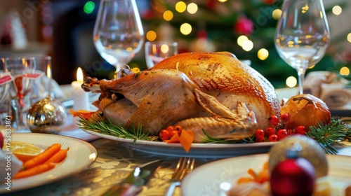 Christmas Dinner Turkey: The Iconic Centerpiece of Festive Holiday Meals – Showcasing Juicy, Herb-Roasted Perfection, Garnished with Cranberries, Rosemary, and Gravy, Ideal for Family Gatherings, Holi