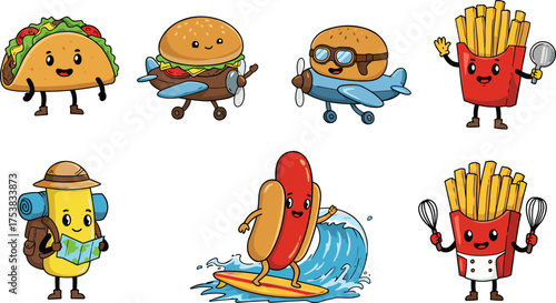 Cute cartoon fast food characters, burger, taco, fries, hotdog, funny food illustration, travel, cooking, adventure and surfing concept vector