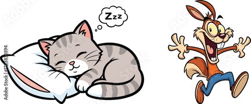 Cute Cartoon Gray Striped Kitten Sleeping Peacefully on a Pillow Next to Wild and Energetic Squirrel or Chipmunk Running and Shouting, Isolated White Background.