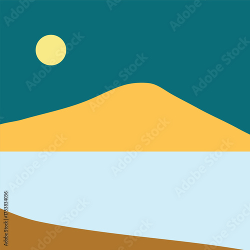 A minimalist landscape collection featuring abstract mountain and sunset scenes in flat color style. The artwork uses geometric shapes, simple compositions, and vibrant color palettes to create modern