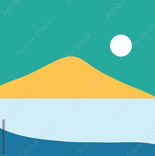A minimalist landscape collection featuring abstract mountain and sunset scenes in flat color style. The artwork uses geometric shapes, simple compositions, and vibrant color palettes to create modern