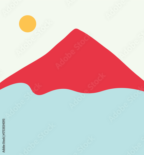 A minimalist landscape collection featuring abstract mountain and sunset scenes in flat color style. The artwork uses geometric shapes, simple compositions, and vibrant color palettes to create modern