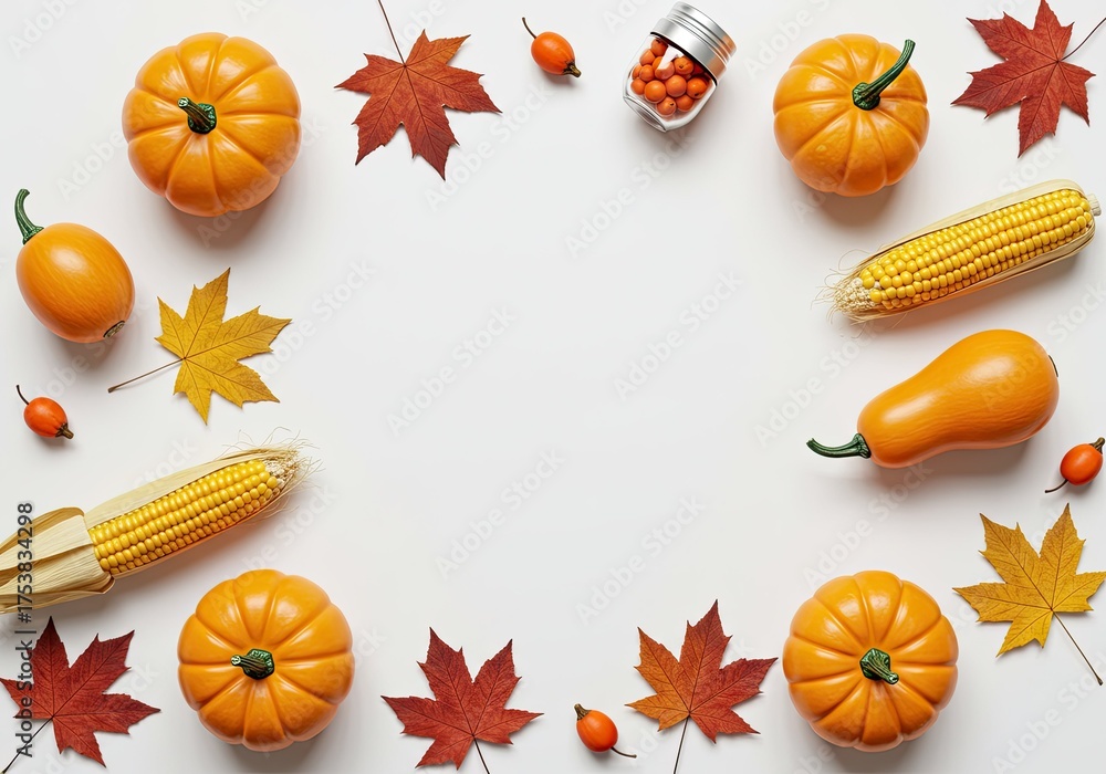 Fototapeta premium Autumn harvest arrangement featuring pumpkins corn leaves and berries creating a festive seasonal