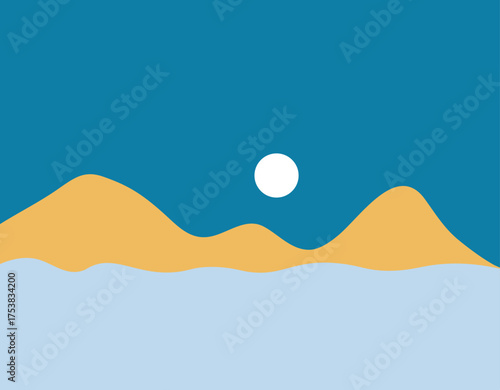 A minimalist landscape collection featuring abstract mountain and sunset scenes in flat color style. The artwork uses geometric shapes, simple compositions, and vibrant color palettes to create modern