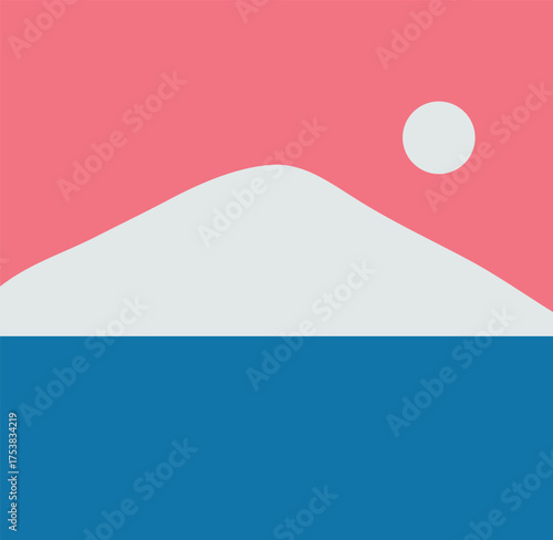A minimalist landscape collection featuring abstract mountain and sunset scenes in flat color style. The artwork uses geometric shapes, simple compositions, and vibrant color palettes to create modern