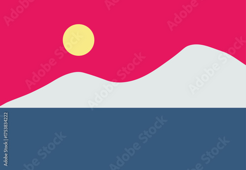 A minimalist landscape collection featuring abstract mountain and sunset scenes in flat color style. The artwork uses geometric shapes, simple compositions, and vibrant color palettes to create modern