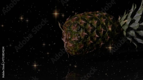 Upon crown tip entering frame, pineapple drifting leftward and rotating, revealing textured skin