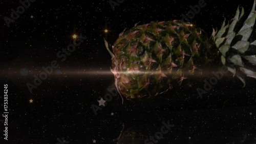 Pineapple entering void sparking lens flare, rotating, emitting falling sparkles and droplets