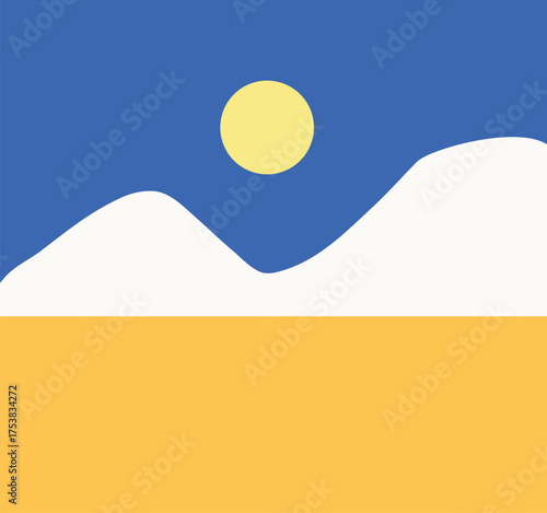 A minimalist landscape collection featuring abstract mountain and sunset scenes in flat color style. The artwork uses geometric shapes, simple compositions, and vibrant color palettes to create modern