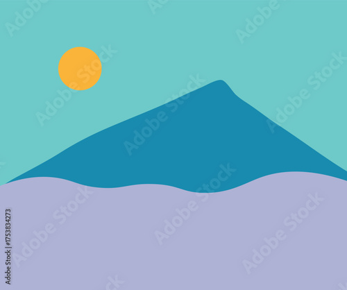 A minimalist landscape collection featuring abstract mountain and sunset scenes in flat color style. The artwork uses geometric shapes, simple compositions, and vibrant color palettes to create modern