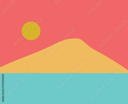 A minimalist landscape collection featuring abstract mountain and sunset scenes in flat color style. The artwork uses geometric shapes, simple compositions, and vibrant color palettes to create modern