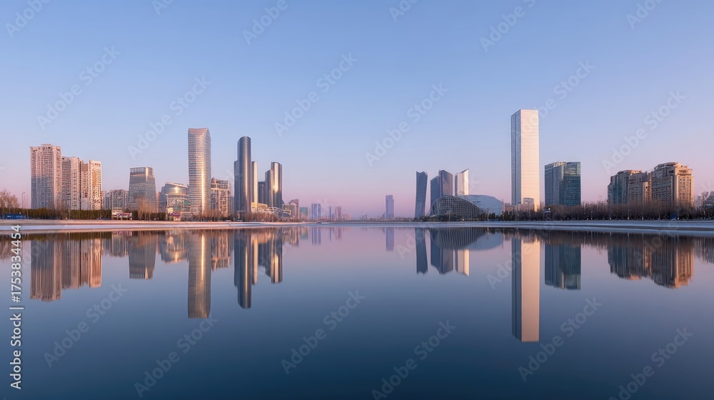 Fototapeta premium Serene Cityscape at Dusk with Reflections in Water and Modern High-Rise Buildings Against Soft Pastel Sky