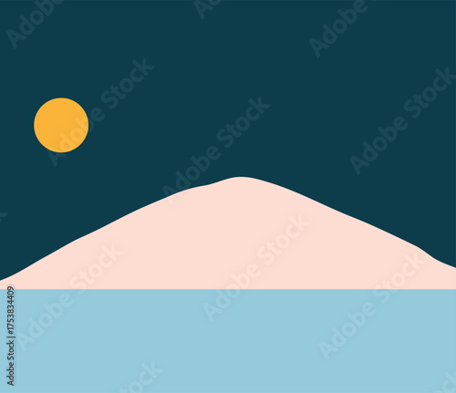 A minimalist landscape collection featuring abstract mountain and sunset scenes in flat color style. The artwork uses geometric shapes, simple compositions, and vibrant color palettes to create modern