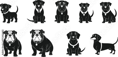 Cute dog breeds silhouette vector icon set, black puppies, bull dogs, and dachshunds graphic illustrations of pets for animal and cartoon designs.