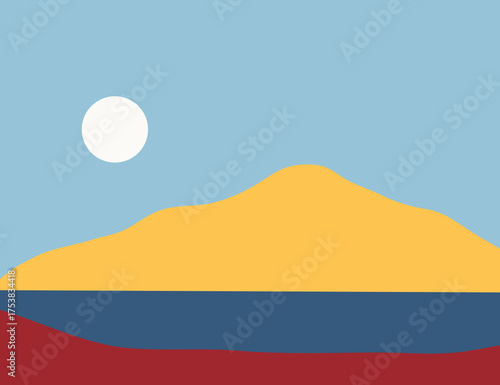 A minimalist landscape collection featuring abstract mountain and sunset scenes in flat color style. The artwork uses geometric shapes, simple compositions, and vibrant color palettes to create modern
