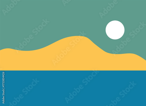 A minimalist landscape collection featuring abstract mountain and sunset scenes in flat color style. The artwork uses geometric shapes, simple compositions, and vibrant color palettes to create modern