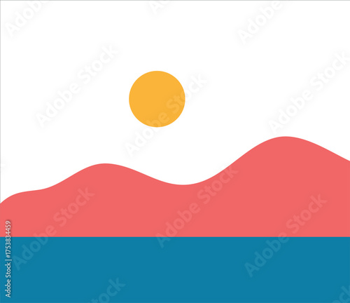 A minimalist landscape collection featuring abstract mountain and sunset scenes in flat color style. The artwork uses geometric shapes, simple compositions, and vibrant color palettes to create modern