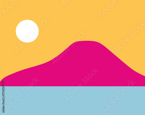 A minimalist landscape collection featuring abstract mountain and sunset scenes in flat color style. The artwork uses geometric shapes, simple compositions, and vibrant color palettes to create modern