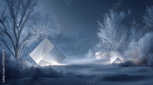 Crystalline structures emerge in a frosted, twilight forest landscape.