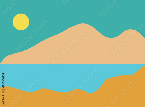 A minimalist landscape collection featuring abstract mountain and sunset scenes in flat color style. The artwork uses geometric shapes, simple compositions, and vibrant color palettes to create modern
