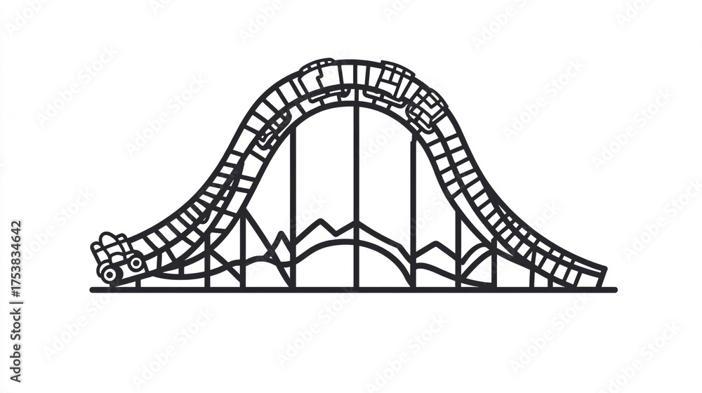 Fototapeta premium Roller coaster with cars isolated on white background navigates a steep drop and climb, showcasing the adrenalinepumping excitement of an amusement park ride