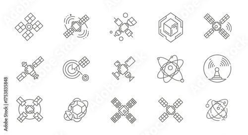 A set of fifteen outlined icons depicting various satellites, atoms, and space-related objects.