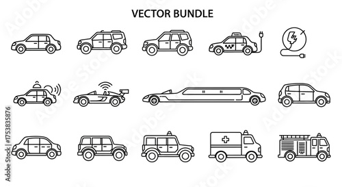 A vector bundle illustration featuring various car types, including a sedan, SUV, taxi, electric vehicle, autonomous car, limousine, ambulance, and fire truc...