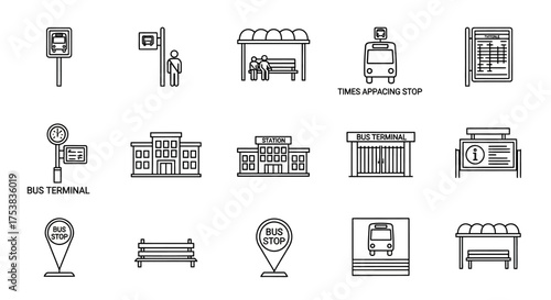 Line art illustrations depicting various elements related to bus transportation: bus stops, bus terminals, benches, and buildings.